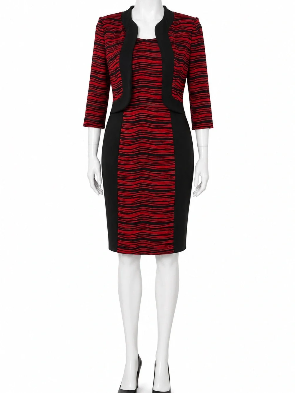 R&M Richards Size 10 Black Red Stripe 2pc Jacket Dress Set Wedding Guest Mother